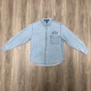Vintage Button Up Denim Shirt with Bicycle Embroidery 90s Light Wash Jean Shirt